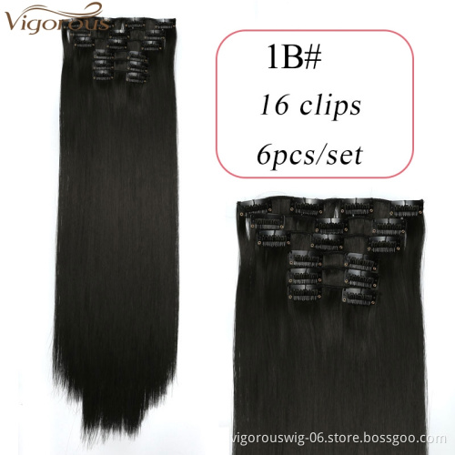 Vigorous 24" Straight Thick Long 6 PCS Set Clip in on Synthetic Hair Extensions Hairpieces For Women Girls Black Brown Color